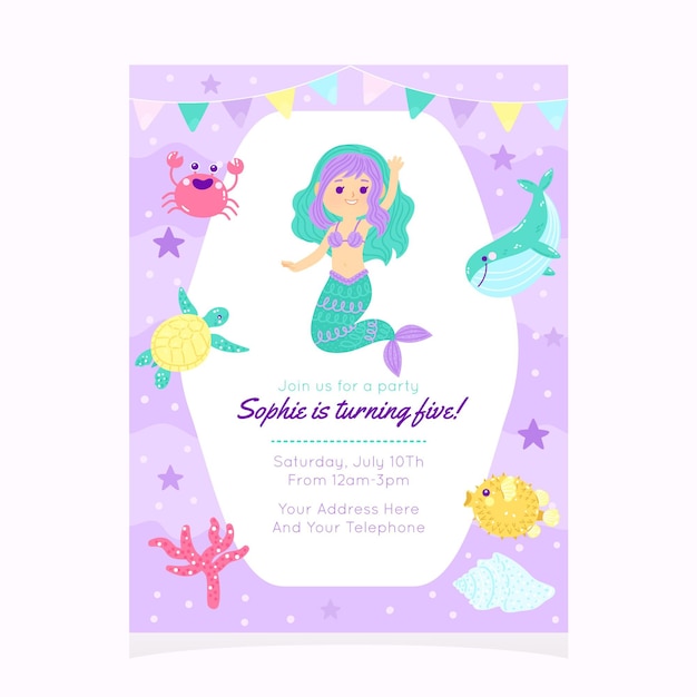 Modelo de convite de aniversário de sereia de desenho animado