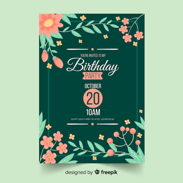 Vetor grátis modelo de convite de aniversário emoldurado floral
