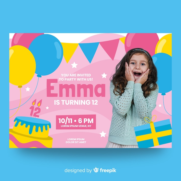 Vetor grátis modelo de convite de aniversário infantil com foto
