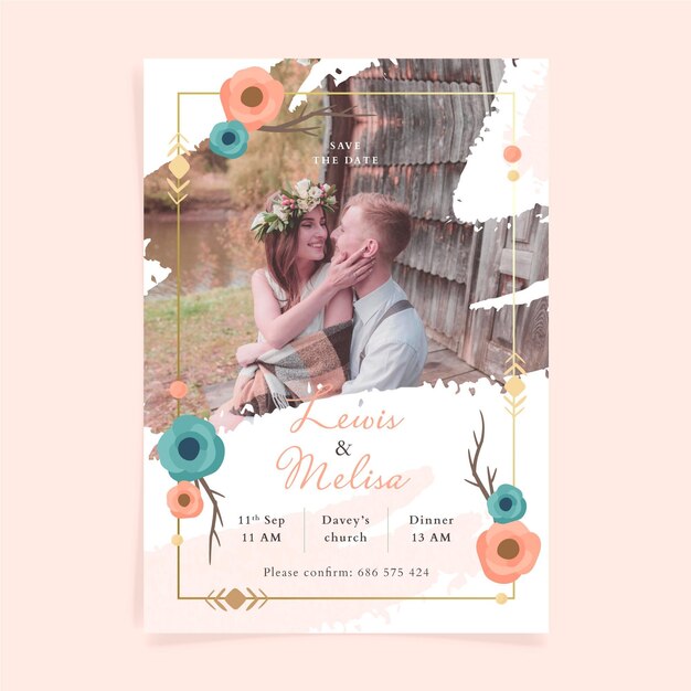 Modelo de convite de casamento boho desenhado à mão com foto