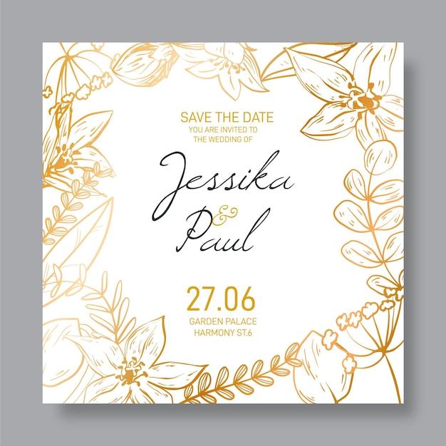 Vetor grátis modelo de convite de casamento detalhado floral dourado
