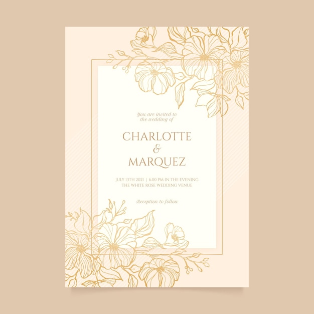 Modelo de convite de casamento dourado de gravura desenhada à mão