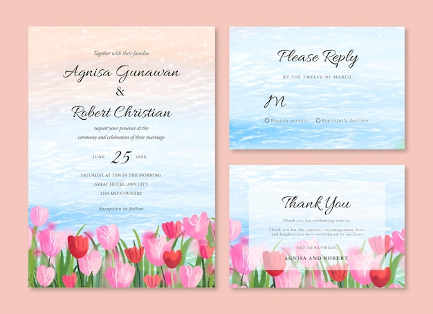 Vetor grátis modelo de convite de casamento em aquarela com 5 flores de tulipa e paisagem do oceano