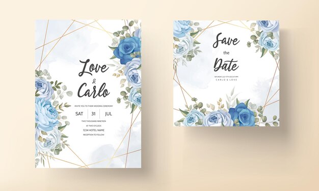 modelo de convite de casamento floral azul elegante