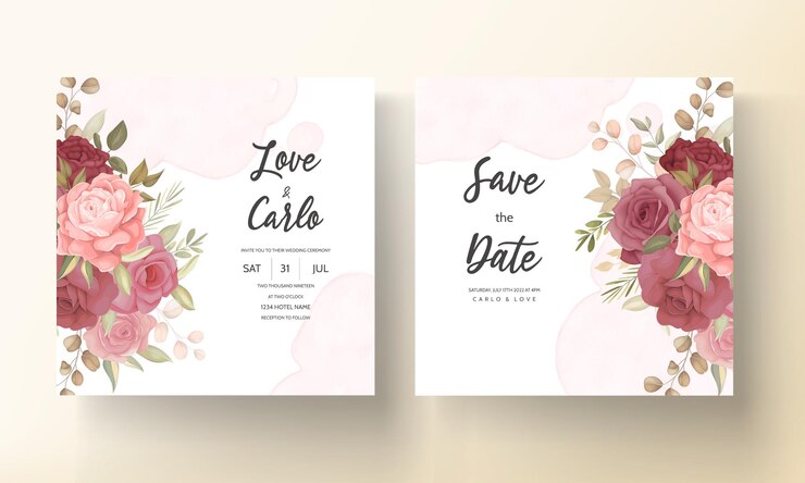 Vetor grátis modelo de convite de casamento floral com decoração elegante de flores e folhas