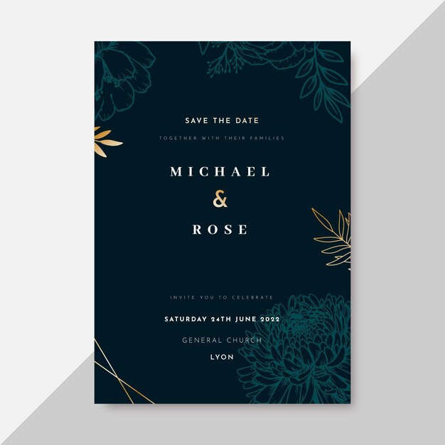 Modelo de convite de casamento floral desenhado à mão para gravura