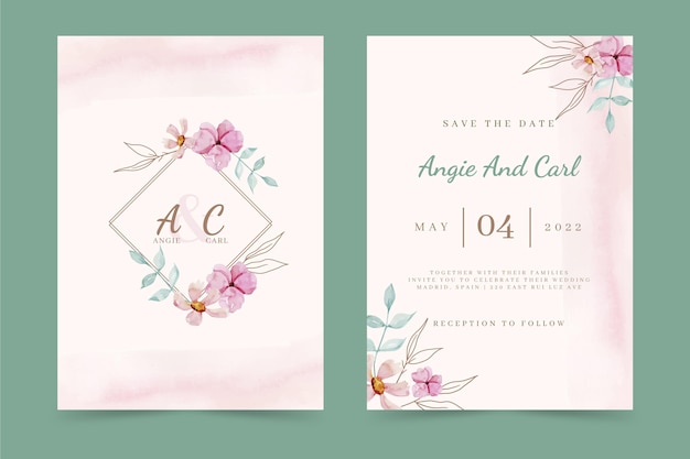 Modelo de convite de casamento floral em aquarela