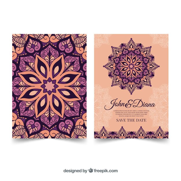 Modelo de convite de casamento lindo com mandala colorida