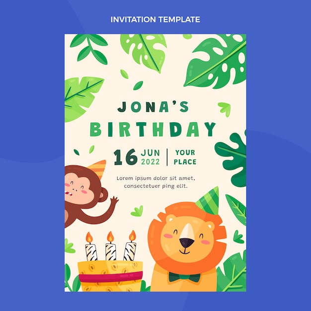 Modelo de convite de festa de aniversário de selva plana