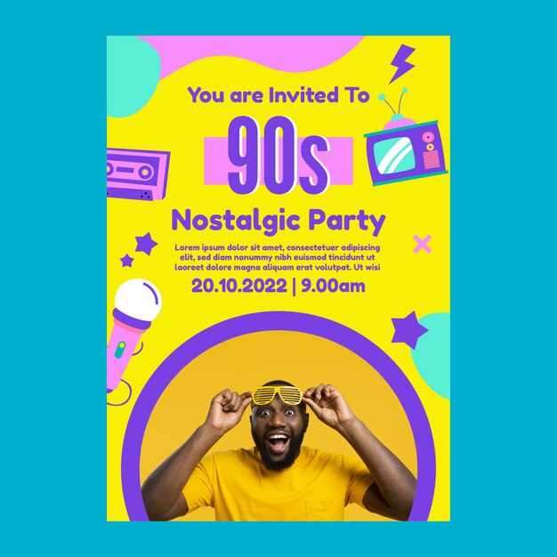 Modelo de convite de festa dinâmico desenhado à mão dos anos 90