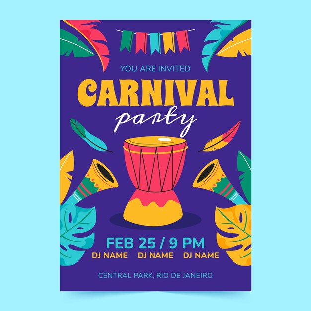 Modelo de convite de festa plana para festa de carnaval