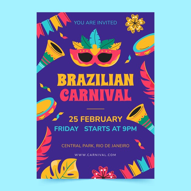 Modelo de convite de festa plana para festa de carnaval