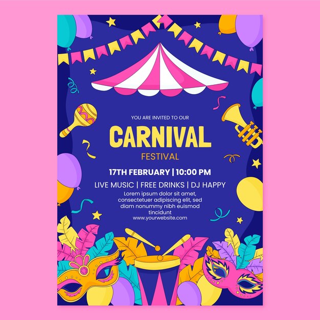 Modelo de convite desenhado à mão para a celebração de uma festa de carnaval
