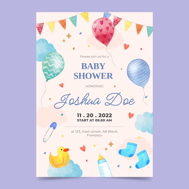 Modelo de convite para banho de bebê com aquarela