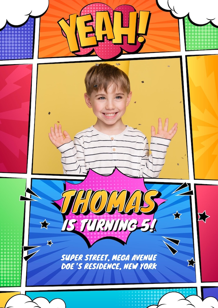 Vetor grátis modelo de convite para festa de aniversário infantil em quadrinhos