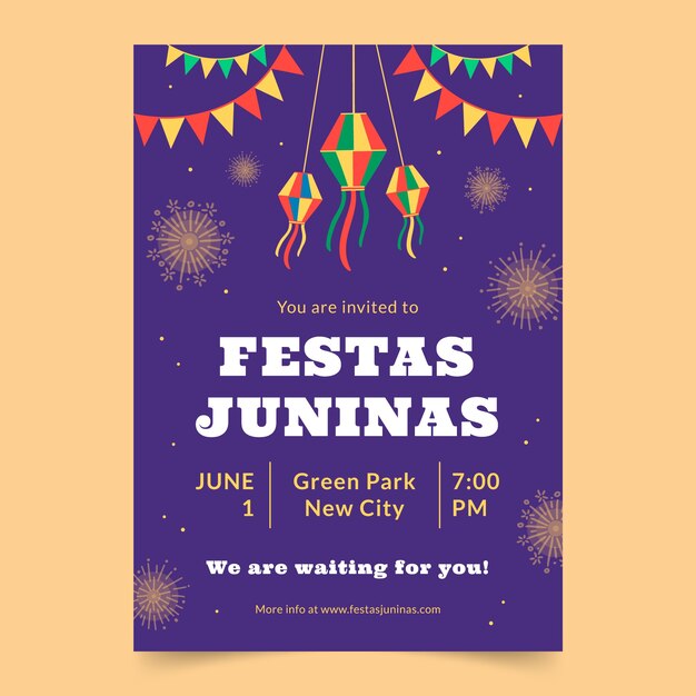 Modelo de convite plano para celebrações de festas juninas brasileiras