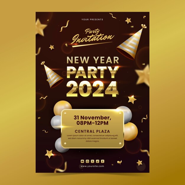 Modelo de convite realista para a celebração do ano novo de 2024