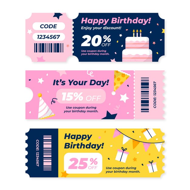Modelo de cupom de venda de aniversário desenhado à mão
