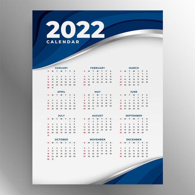 Vetor grátis modelo de design de calendário 2022 estilo wave