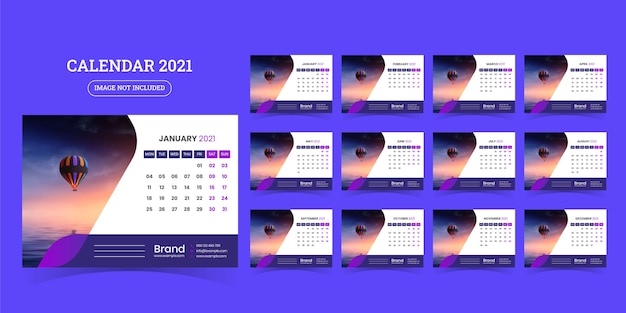 Modelo de design de calendário de mesa 2021 conjunto de 12 meses, semana começa na segunda-feira, Vetor Premium