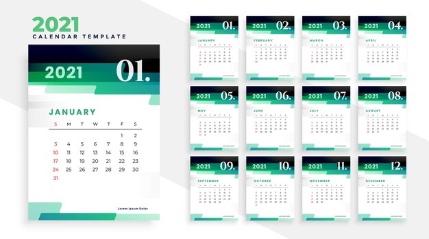 Modelo de design de calendário elegante verde moderno ano novo 2021