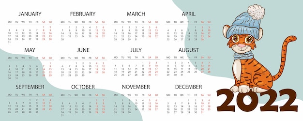 Modelo de design de calendário para 2022, o ano do tigre de acordo com o calendário chinês ou oriental, com uma ilustração do tigre. mesa horizontal com calendário para 2022. vector
