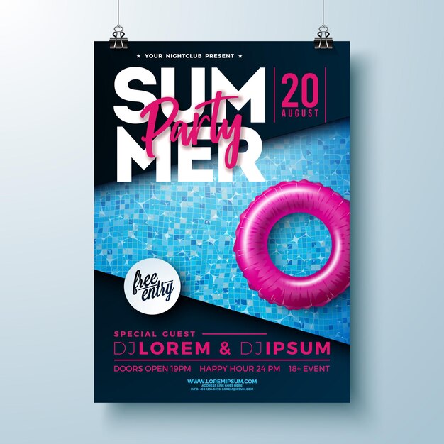 Modelo de design de cartaz de festa de verão na piscina com flutuador na água no fundo da piscina de azulejos