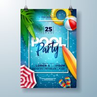 Vetor grátis modelo de design de cartaz verão piscina festa com folhas de palmeira e bola de praia