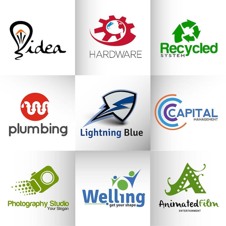 Vetor grátis modelo de design de logo corporativo pacote ideia de filme encanamento welling fotografia elemento de logotipo reciclado