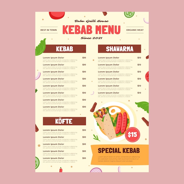 Vetor grátis modelo de design de menu de kebab