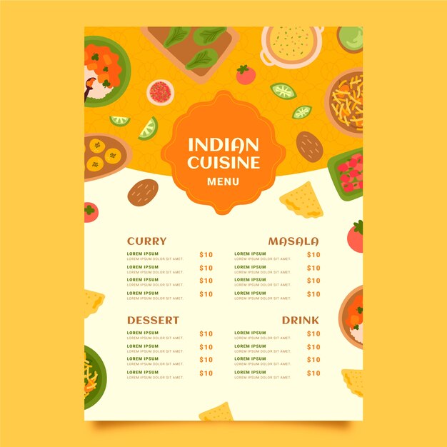 Modelo de design de menu indiano desenhado à mão