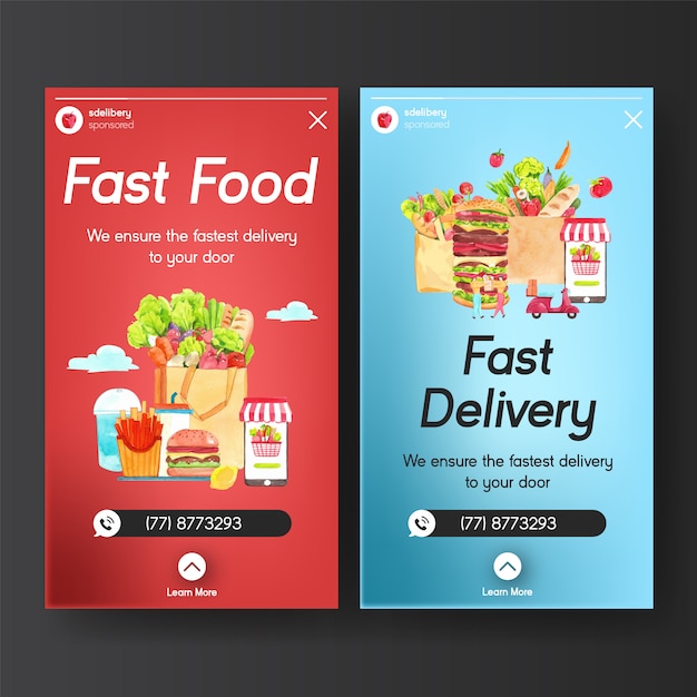 Vetor grátis modelo de design do instagram de entrega com comida e vegetais aquarela ilustração.