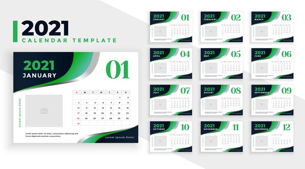Modelo de design elegante de calendário de ano novo verde 2021