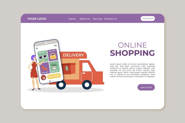 Modelo de design plano de página de destino on-line de compras