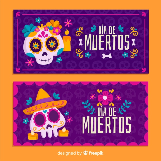 Modelo de design plano dia de muertos banners