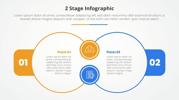 Modelo de estágio de 2 pontos para comparação oposto conceito infográfico para apresentação de slides com grande contorno círculo conexão de junção com estilo plano