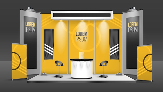 Vetor grátis modelo de estande de exposição publicitária em cores amarelas e pretas ilustração vetorial realista