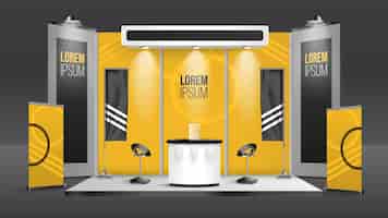 Vetor grátis modelo de estande de exposição publicitária em cores amarelas e pretas ilustração vetorial realista