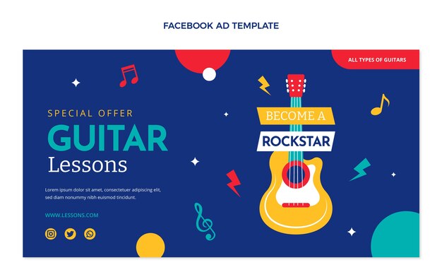 Modelo de facebook de aulas de guitarra de design plano