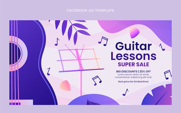 Vetor grátis modelo de facebook de aulas de guitarra gradiente