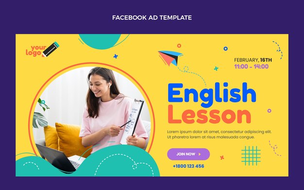 Modelo de facebook de aulas de inglês desenhadas à mão