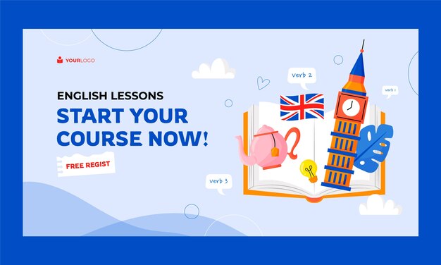 Modelo de Facebook de lições de inglês de design plano