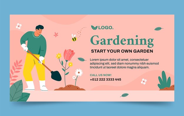 Modelo de facebook de trabalho de jardinagem desenhado à mão