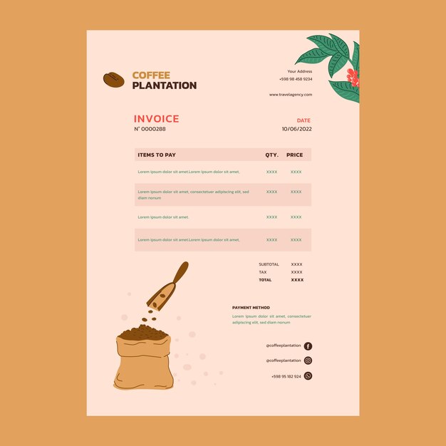 Modelo de fatura de plantação de café desenhado à mão