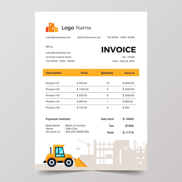 Vetor grátis modelo de fatura para domínio de construção