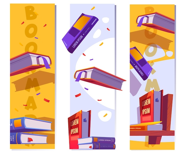 Vetor grátis modelo de favoritos para leitura de literatura na escola ou biblioteca banners verticais de vetor com desenhos animados ...