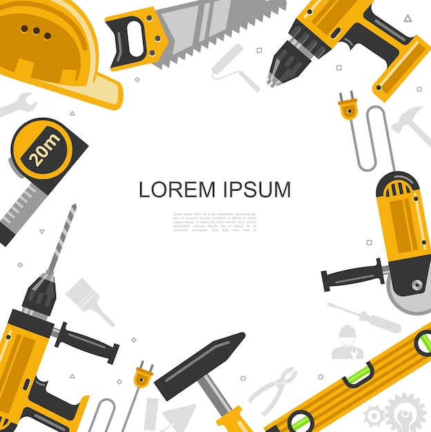 Vetor grátis modelo de ferramentas de construção plana com lugar para o construtor de texto, capacete, serra, nível de broca, martelo, medida, fita, ilustração