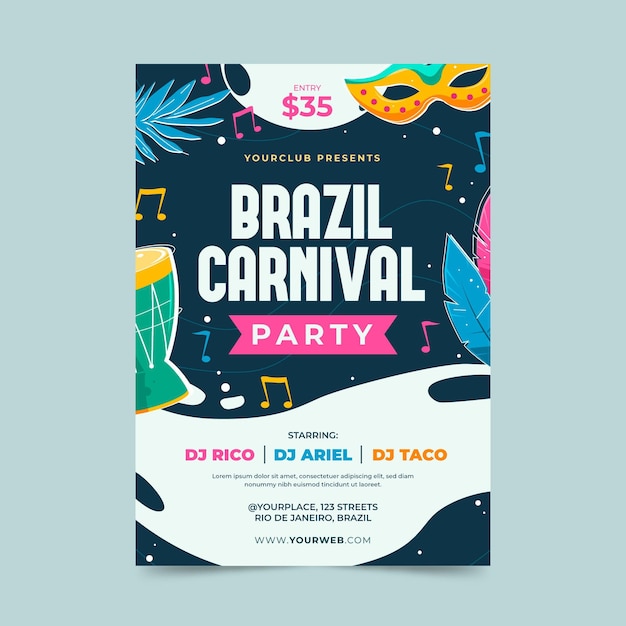 Modelo de flyer para carnaval brasileiro em design plano