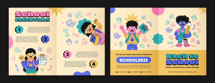 Vetor grátis modelo de folheto bifold de volta à escola com crianças