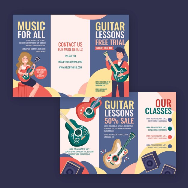 Modelo de folheto de aulas de guitarra desenhada à mão